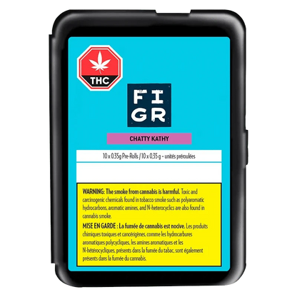 Chatty Kathy Pre Rolled 10 x 0.35 g, a close-up of a colorful package displaying a warning against smoke.