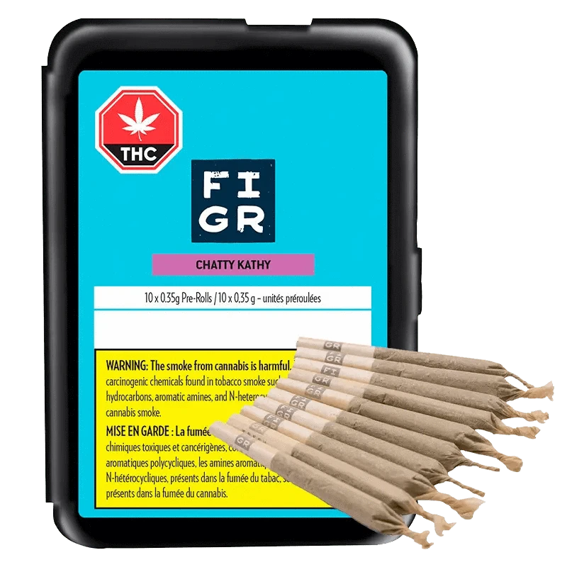 Chatty Kathy Pre Rolled 10 x 0.35 g packaging in a close-up, angled shot with bold, graphic text and a cannabis leaf symbol.