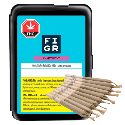 Chatty Kathy Pre Rolled 10 x 0.35 g packaging in a close-up, angled shot with bold, graphic text and a cannabis leaf symbol.