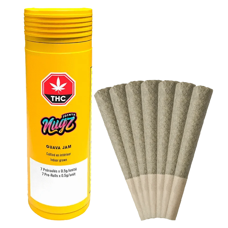 Front view of the Guava Jam Pre Rolled 7 x 0.5 g pre-rolled joints against a solid, light yellow background.