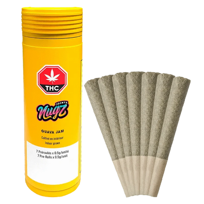 Front view of the Guava Jam Pre Rolled 7 x 0.5 g pre-rolled joints against a solid, light yellow background.