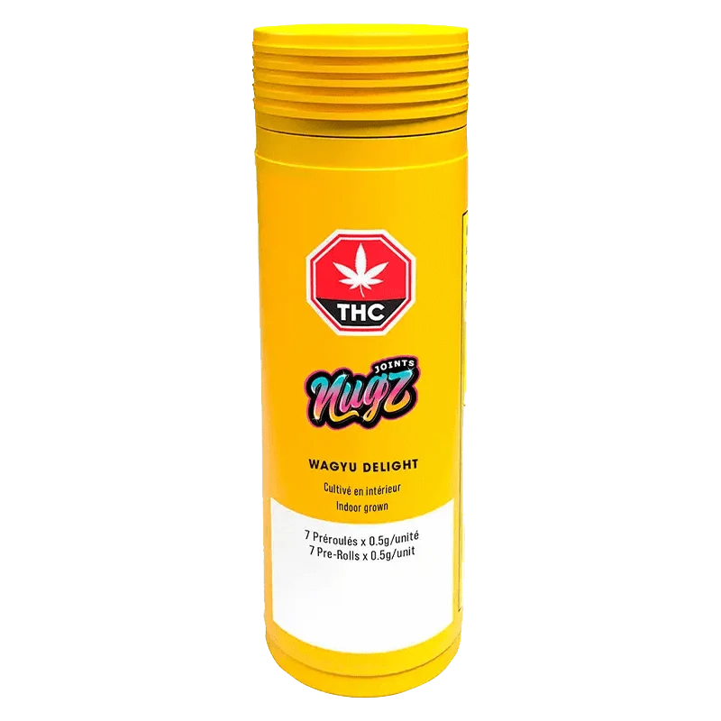 Front view of the Wagyu Delight Pre Rolled 7 x 0.5 g, featuring a vibrant yellow package against a stark white background.