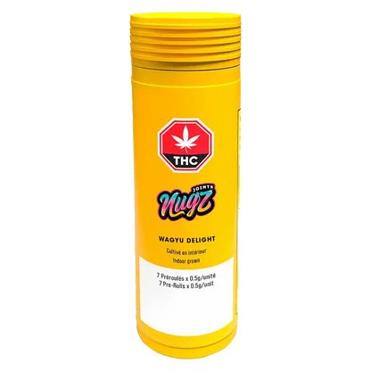 Front view of the Wagyu Delight Pre Rolled 7 x 0.5 g, featuring a vibrant yellow package against a stark white background.