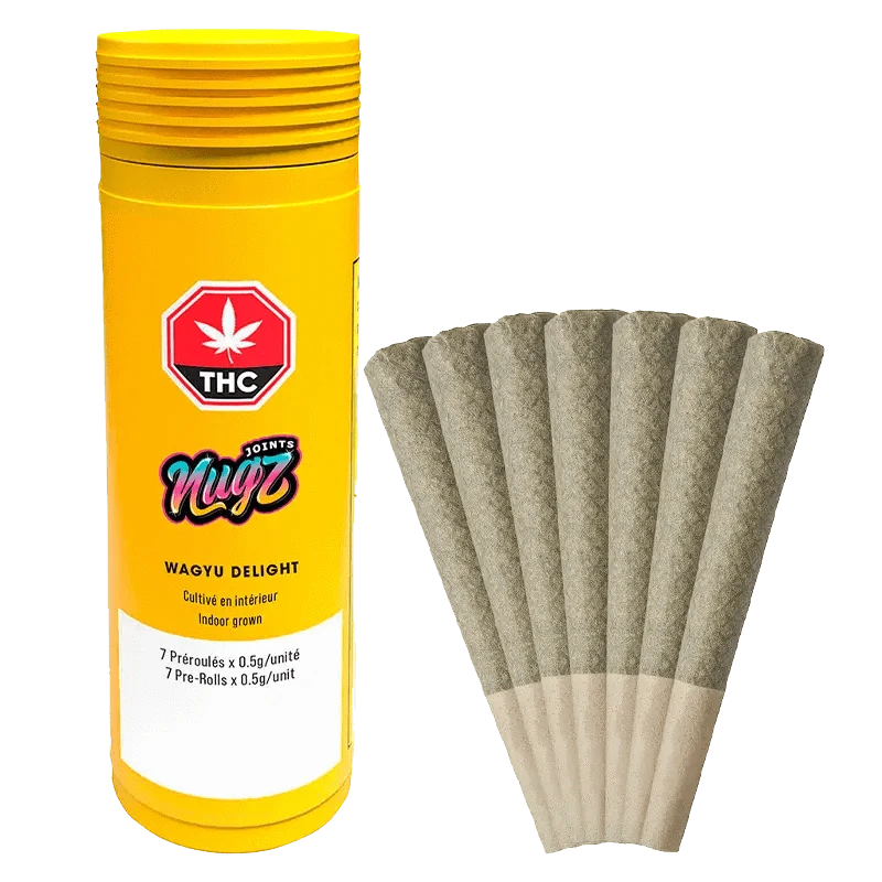 Front view of seven rolled, conical Wagyu Delight Pre Rolled 0.5g pre-rolls against a bright yellow backdrop.