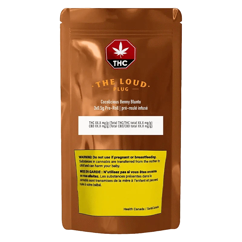 Close-up of the Cocolicious Benny Blunt 3 x 0.5 g packaging with a warning label and a cannabis leaf symbol.