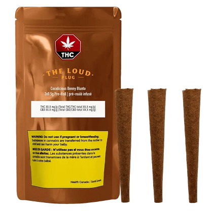 A close-up of three Cocolicious Benny Blunt 0.5g pre-rolls in transparent packaging against a dark background.