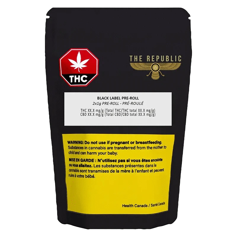 Black Label Pre Rolled 2 x 1 g package, with red and black text, against a white background.