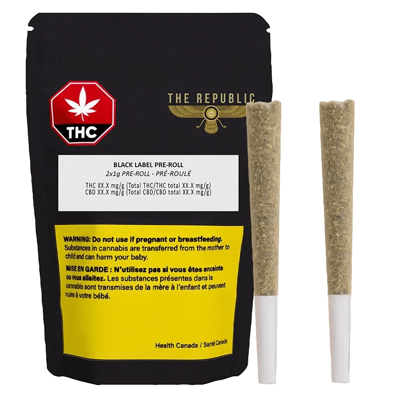 Close-up of the Black Label Pre Rolled 2 x 1 g packaging with a warning symbol against a black background.