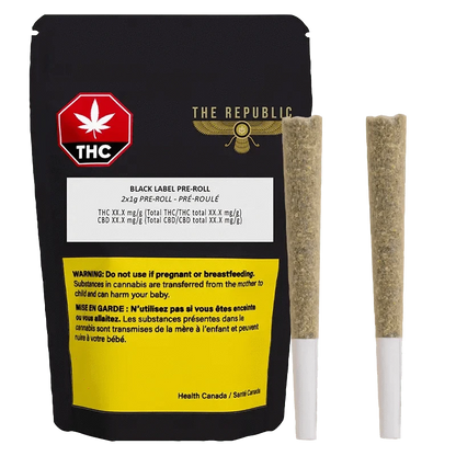 Close-up of the Black Label Pre Rolled 2 x 1 g packaging with a warning symbol against a black background.