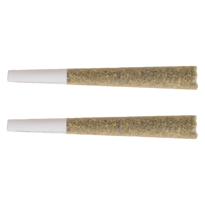 A close-up, angled view of the Black Label Pre Rolled 2 x 1 g, showcasing its cylindrical shape and textured exterior.
