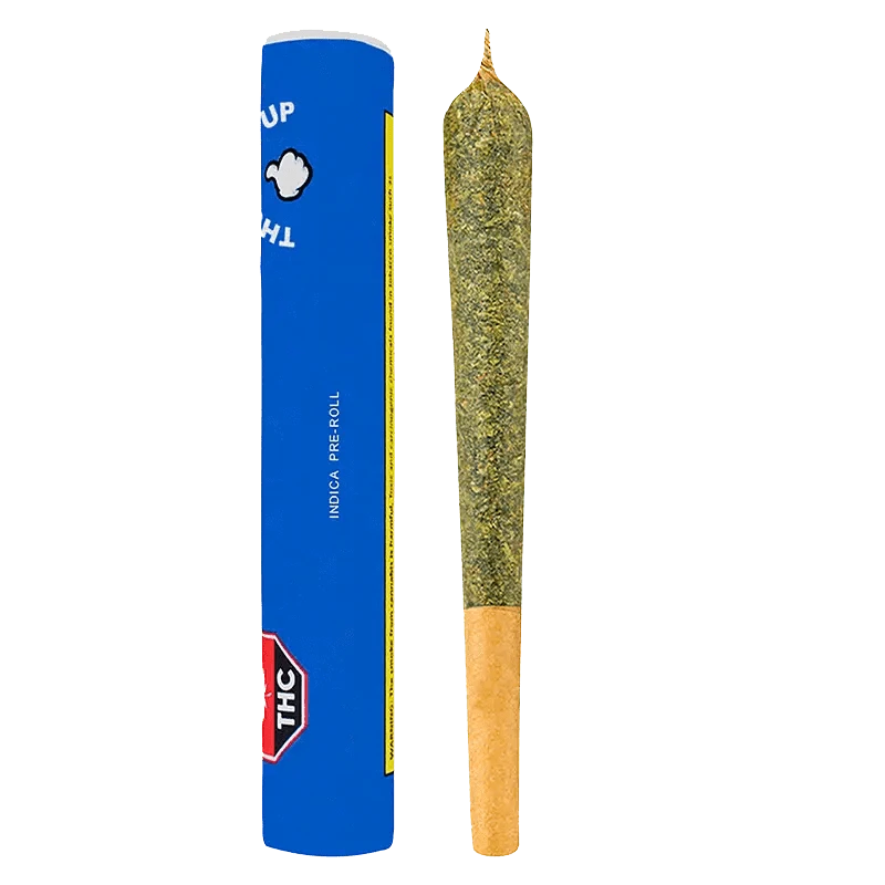 Front view of the Indica Pre Rolled 1 x 1 g pre-roll, featuring a blue and white branded package with a visible cannabis flower.