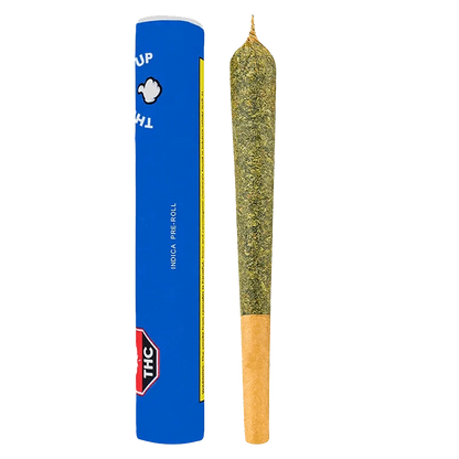 Front view of the Indica Pre Rolled 1 x 1 g pre-roll, featuring a blue and white branded package with a visible cannabis flower.