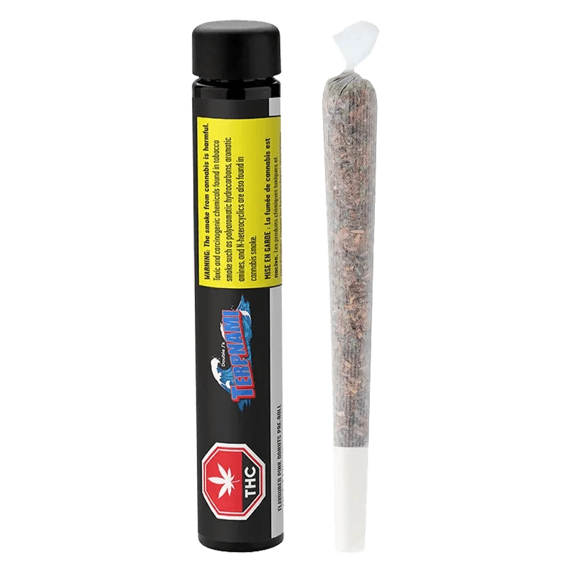 Close-up of Pink Donuts Pre Rolled 4 x 0.5 g packaging, displaying a vibrant design with bold branding elements against a dark background.