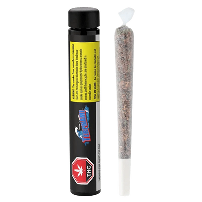 Close-up of Pink Donuts Pre Rolled 4 x 0.5 g packaging, displaying a vibrant design with bold branding elements against a dark background.