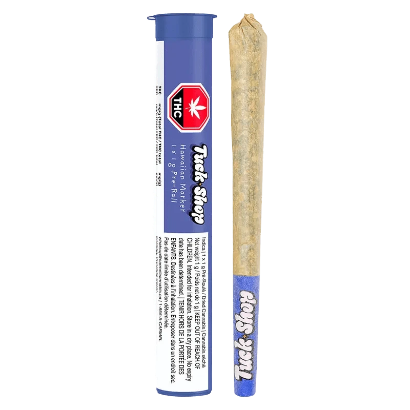 Front view of the Hawaiian Marker Pre Rolled 1 x 1 g pre-roll packaging with a brightly colored logo against a black background.