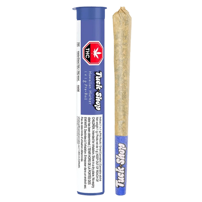 Front view of the Hawaiian Marker Pre Rolled 1 x 1 g pre-roll packaging with a brightly colored logo against a black background.