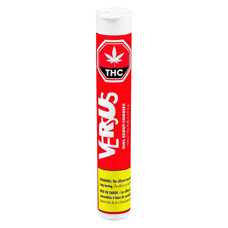 Girl Scout Cookies Pre Rolled 3 x 0.5 g package in a close-up shot with a cannabis leaf symbol on a black background.
