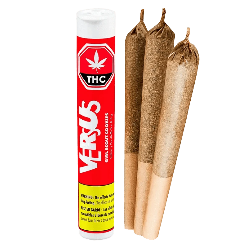 Girl Scout Cookies Pre Rolled 3 x 0.5 g packaging in a close-up, angled shot highlighting the brand’s text and color scheme.
