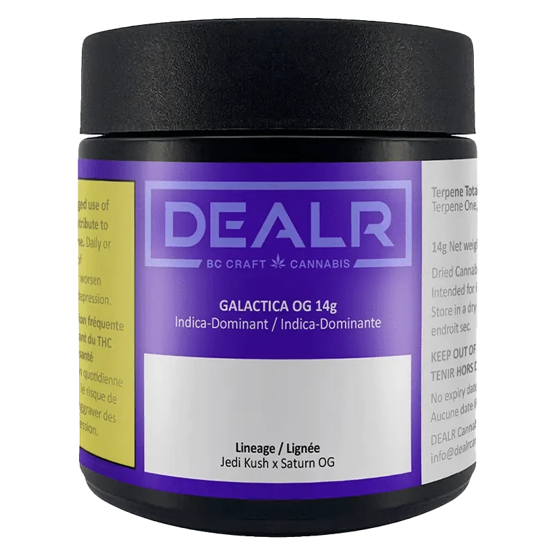 Close-up of the Galactica OG package with branding and information, angled slightly from above.