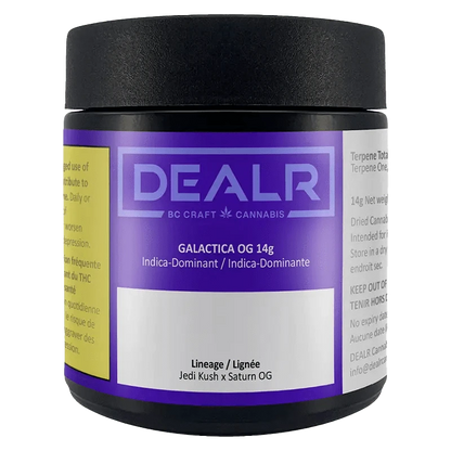 Close-up of the Galactica OG package with branding and information, angled slightly from above.