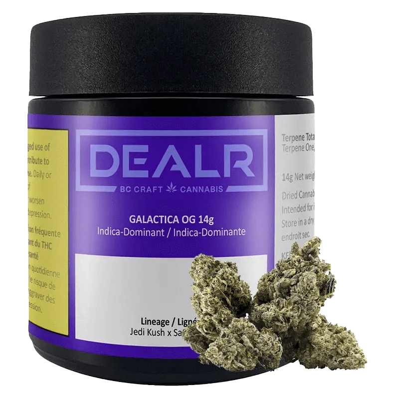 Close-up of the Galactica OG package with a dark background and white text, showing the product’s branding and details.