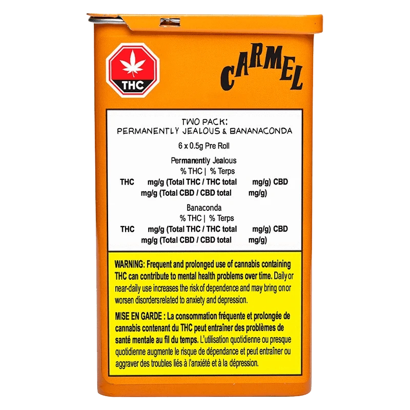 Front-facing photo of the Two Pack Permanently Jealous x Bananaconda PR 6 x 0.5 g orange box showing its white label, THC symbol and yellow warning panel.
