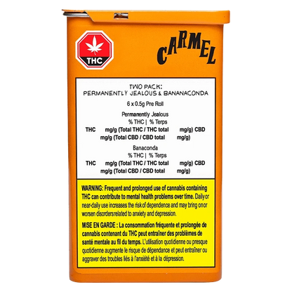 Front-facing photo of the Two Pack Permanently Jealous x Bananaconda PR 6 x 0.5 g orange box showing its white label, THC symbol and yellow warning panel.