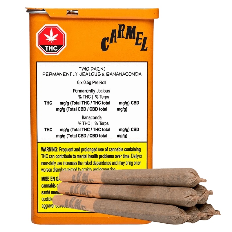 Three-quarter view of an orange tin and stacked pre-rolls labeled Two Pack Permanently Jealous x Bananaconda PR 6 x 0.5 g.
