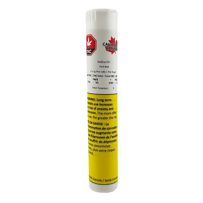 Tall front view of the Indica Eh! PR 2 x 1 g white and yellow cylindrical tube with warning label and small maple logo.