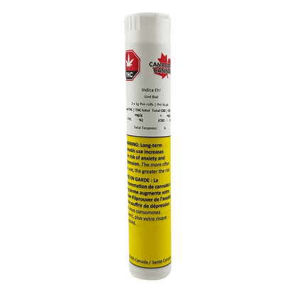 Tall front view of the Indica Eh! PR 2 x 1 g white and yellow cylindrical tube with warning label and small maple logo.