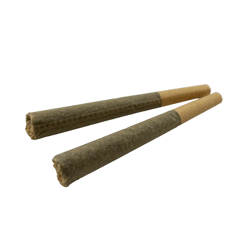 Angled close-up of two brown pre-rolls, showing textured paper and twisted ends of the Indica Eh! PR 2 x 1 g.