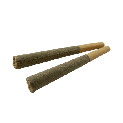 Angled close-up of two brown pre-rolls, showing textured paper and twisted ends of the Indica Eh! PR 2 x 1 g.