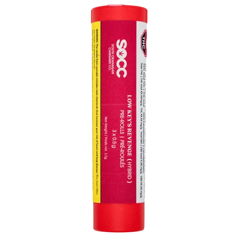 Front view of the Low Key's Revenge Pre Rolled 3 x 0.5 g package, a red rectangular prism with white lettering.