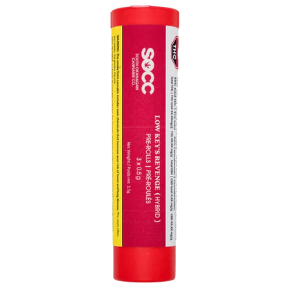 Front view of the Low Key's Revenge Pre Rolled 3 x 0.5 g package, a red rectangular prism with white lettering.