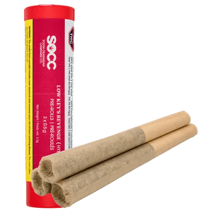 Front view of Low Key's Revenge Pre Rolled 3 x 0.5 g pre-rolls, showcasing the packaging's red and white branding.