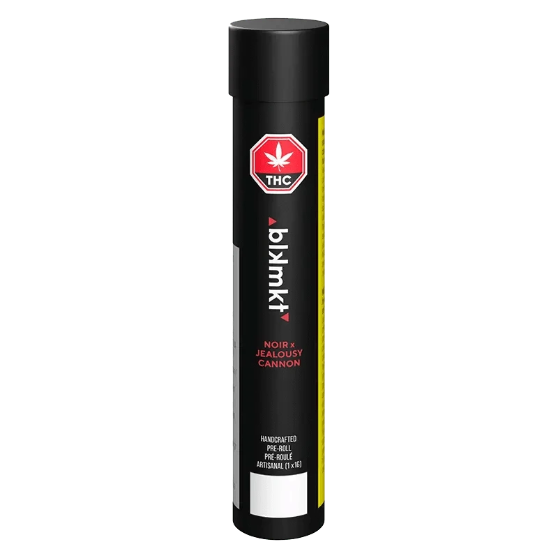 Front view of the Noir x Jealousy Cannon Pre Rolled 1 x 1 g, a cylindrical container with bold text against a dark background.