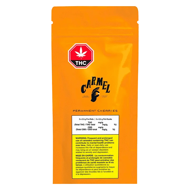 Permanent Cherries Pre Rolled 3 x 0.5 g packaging shown at a slight angle, featuring a red and white label with bold text.