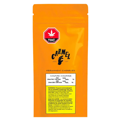 Permanent Cherries Pre Rolled 3 x 0.5 g packaging shown at a slight angle, featuring a red and white label with bold text.