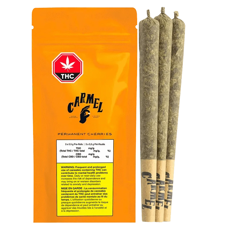 Permanent Cherries Pre Rolled 3 x 0.5 g, a close-up of the label with black text on a white background, angled slightly to the right.