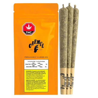 Permanent Cherries Pre Rolled 3 x 0.5 g, a close-up of the label with black text on a white background, angled slightly to the right.