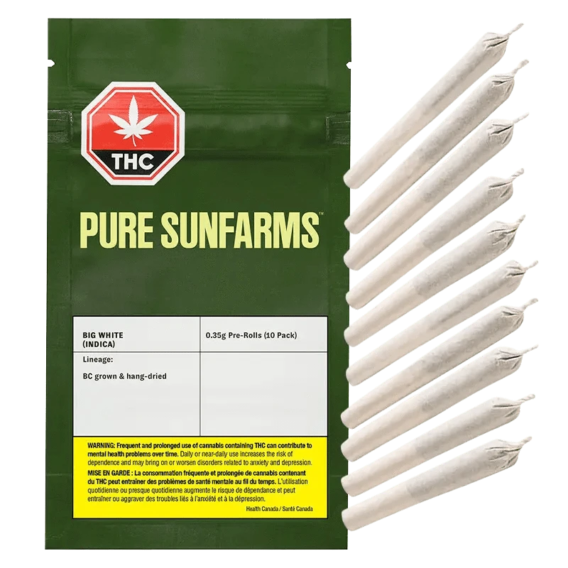 Front view of the Big White Pre Rolled 10 x 0.35 g packaging with a dark background and a green THC symbol in the upper corner.