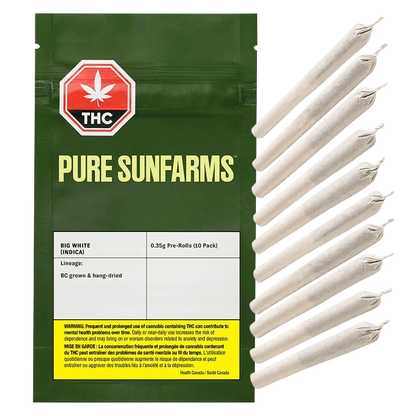Front view of the Big White Pre Rolled 10 x 0.35 g packaging with a dark background and a green THC symbol in the upper corner.