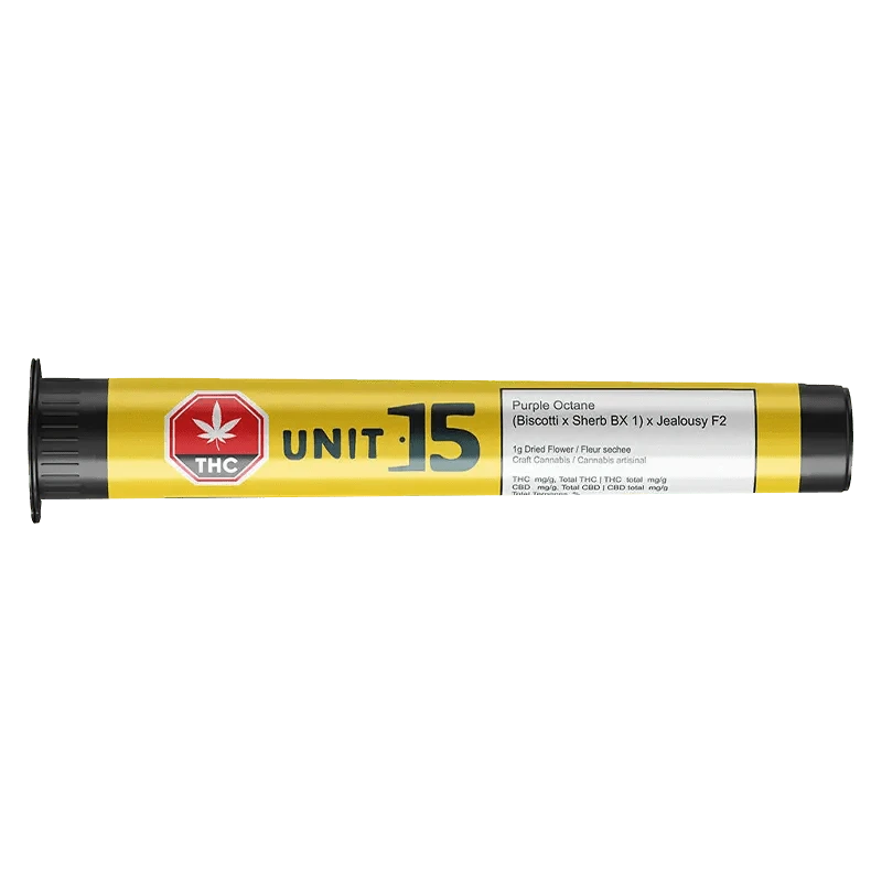Close-up of the Purple Octane Pre Rolled 1 x 1 g package with branding, angled slightly against a dark background.