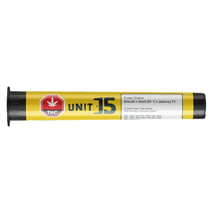 Close-up of the Purple Octane Pre Rolled 1 x 1 g package with branding, angled slightly against a dark background.