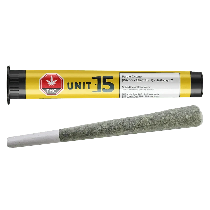 Close-up of the Purple Octane Pre Rolled 1 x 1 g pre-roll against a dark background, highlighting the packaging details.