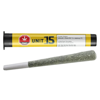 Close-up of the Purple Octane Pre Rolled 1 x 1 g pre-roll against a dark background, highlighting the packaging details.