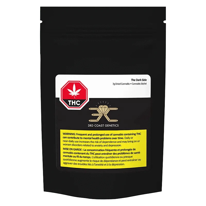 The Dark Side packaging displays warning text about cannabis use and its potential impact on mental health.