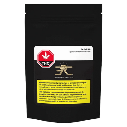 The Dark Side packaging displays warning text about cannabis use and its potential impact on mental health.