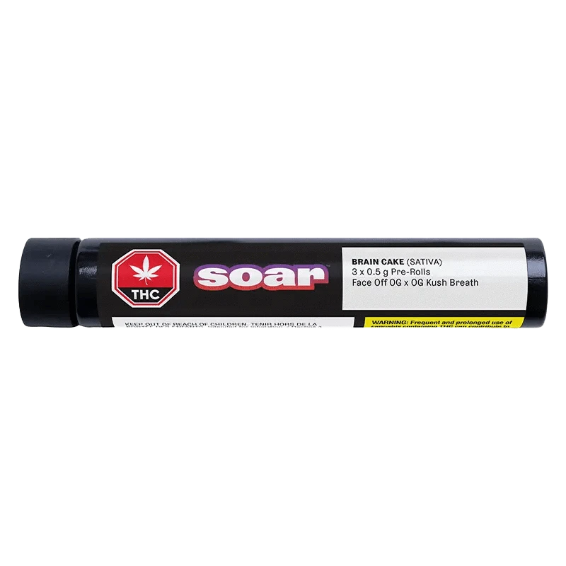 Front view of the Brain Cake Pre Rolled 3 x 0.5 g package, displaying the brand logo against a dark background.
