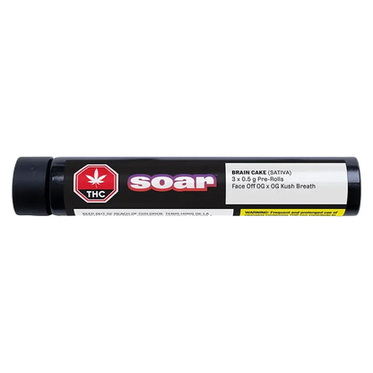 Front view of the Brain Cake Pre Rolled 3 x 0.5 g package, displaying the brand logo against a dark background.